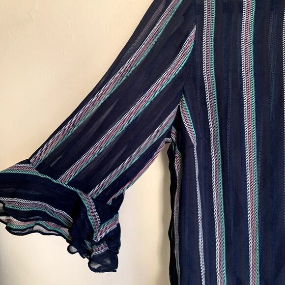 ModCloth Blue Striped Sheer Blouse Size M Tiered Flutter Ruffle Sleeve - Picture 5 of 11